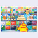 Colorful illustration of a candy store with a man behind the counter and a yellow character in front.