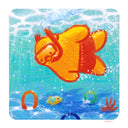 Illustration of an orange cartoon character swimming under water with a snorkel, looking at pool toys and rings under the water.