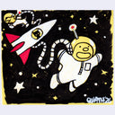 Drawing of a cartoon character wearing a space suit, floating in space along with a dog in a space suit, both tethered to a rocket.