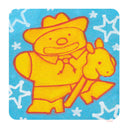 Illustration of a yellow character riding on a toy-horse, with a plush horse head attached to a stick.