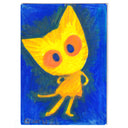 A colorful pastel or crayon painting of a stylized yellow cat character with large orange and blue eyes, set against a textured blue background.