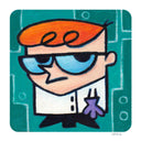 A stylized cartoon portrait of a character with orange hair, blue glasses, a white lab coat, and black pants on a teal background with circuit-like line details. 