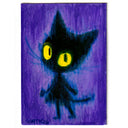 A vertical painting of a black cat with large glowing yellow eyes on a textured purple background
