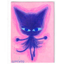 Colored pencil illustration of a purple cartoon cat with a large head, wearing a short dress and floating with their hands out. Background is pink.