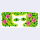 Colored pencil illustration of a white cartoon cat in a lush green floral area with pink flowers.
