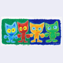 Illustration of 4 cartoon cats, seemingly buzzed or some other energized state. They hold hands.