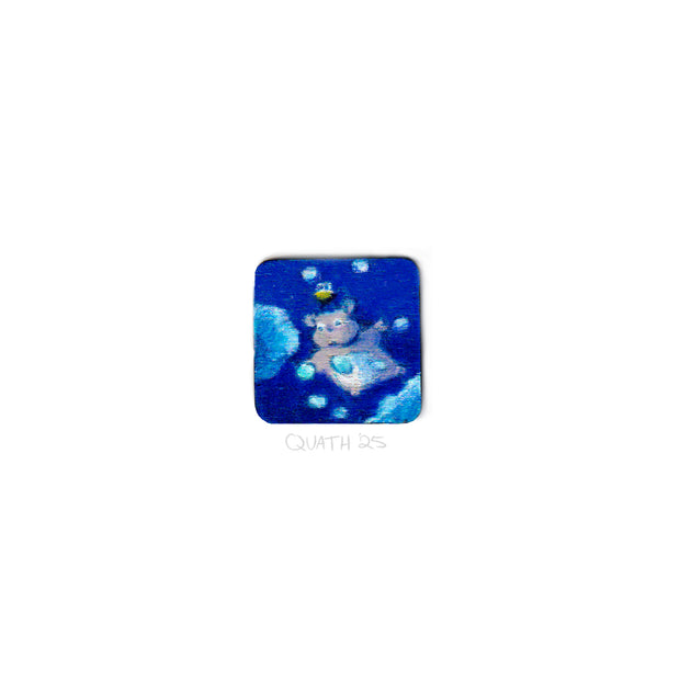 Small square illustration of a chubby cartoon mouse, floating down from a night sky with a tiny bird propelling it down.