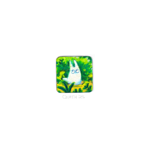 Small square drawing of a tiny white chibi Totoro, walking through greenery.