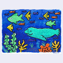 Colorful illustration of an undersea scene, with a seal and many tropical fish and coral.