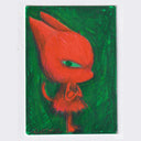 A colorful pastel drawing of a stylized red cat with a large head and green eyes, standing against a textured green background, photographed on a white surface.