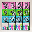 Painting divided into 12 panels - like a comic strip or an animation frame. Each row shows a different Powerpuff girl, fighting, with the final row showing them all together.