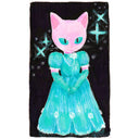 Illustration of a pink cat wearing a blue dress.