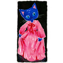 Drawing of a blue cat wearing a red dress.