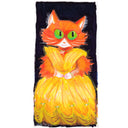 Drawing of an orange cartoon cat wearing a fancy yellow dress.