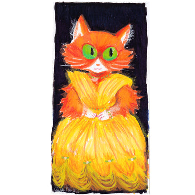 Drawing of an orange cartoon cat wearing a fancy yellow dress.