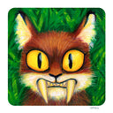 A square artwork featuring a close-up illustration of a brown cat with large yellow eyes and fangs, set against a green textured background. The piece has rounded corners and is shown on a white background.