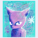 Illustration of a purple cartoon cat, giving an intense look to the viewer, seen only from the shoulder up. Background is teal blue with many doodles of cartoon cats.