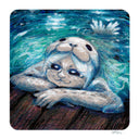 A square pastel-style illustration of a seal pup girl resting on a wooden surface in blue-green water, with the artist signature in the lower right corner.