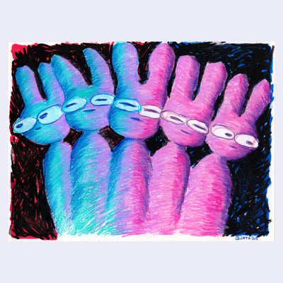 Blue and pink illustration of a bunny, being shown in various "frames" like it is moving.