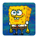 A square art print featuring a colorful, textured drawing of SpongeBob SquarePants on a blue background with abstract squiggle lines.