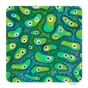 A square artwork featuring a vibrant, repeating organic pattern of green and yellow-green amoeba-like shapes with white centers and black dots, set against a dark blue-green background.