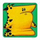 A square artwork featuring a stylized yellow cartoon creature with black spots and black eyes on a bright green background, with a thin white border around the square panel.