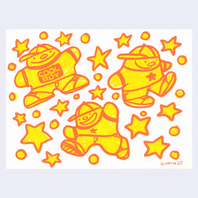 Illustration of 3 yellow cartoon characters with orange outlines, all wearing sideways caps and t-shirts.