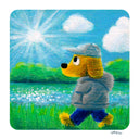 Colored pencil illustration of a cartoon yellow dog walking like a person, wearing a cap, hoody, and jeans. They walk next to a river with the sun shining down on it.