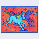 Colorful painting of two unicorns on a red starry background