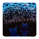 Illustration of a line of trees at sundown with many bats flying up, all cast in shadows with a pink and blue sky behind it. 2 small anthropomorphic cats walk towards the trees, facing away from the viewer.