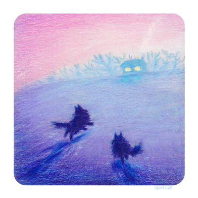 Color pencil drawing of a pink sky and purple ground with 2 fluffy dogs running towards a home that glows in the background from afar.