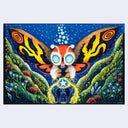 Illustration of Mothra, an orange moth with black, yellow and brown wings. It flies over 2 small people and casts an archway of yellow glowing light. Foliage surrounds the people, against a dark blue sky.