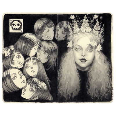 Graphite sketch of multiple different subjects on cream colored paper. Subjects include a highly rendered portrait of a girl with wavy hair and an ornate crown. Others include many anime style heads, in different positions.