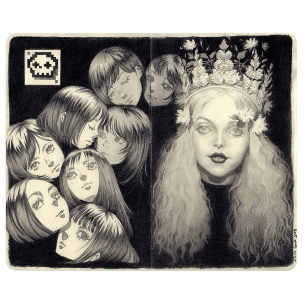 Graphite sketch of multiple different subjects on cream colored paper. Subjects include a highly rendered portrait of a girl with wavy hair and an ornate crown. Others include many anime style heads, in different positions.