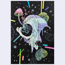 Colorful illustration of a part of an animal skull with abstract elements on a black background