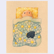 Illustration on brown toned paper of a simplistic tan character laying beneath a floral quilted blanket and against a yellow pillow case with daisy patterning. They have their eyes open and a blank expression, atop the quilt is a curled up blob monster.