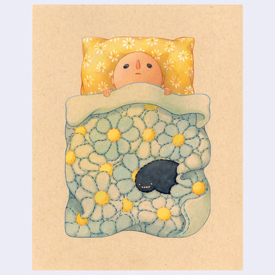 Illustration on brown toned paper of a simplistic tan character laying beneath a floral quilted blanket and against a yellow pillow case with daisy patterning. They have their eyes open and a blank expression, atop the quilt is a curled up blob monster.