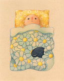 Illustration on brown toned paper of a simplistic tan character laying beneath a floral quilted blanket and against a yellow pillow case with daisy patterning. They have their eyes open and a blank expression, atop the quilt is a curled up blob monster.