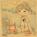 Illustration of a girl with a small creature and a sunflower on a textured beige background