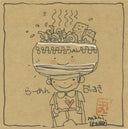 Sketch on tan paper of a smiling character with a bowl of ramen atop its head.