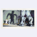 Painting based on a film still from RoboCop, 2 people are small against a wall and in the foreground is the legs of a robot.