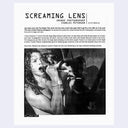 Black and white photo of a person singing into a microphone with text about 'Screaming Lens' and Charles Peterson.