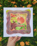 Risograph print of cartoon ants walking up a curving tree branch, one carries a large apple on its back and the others carry smaller pieces of apple. Scene is framed by an ant colony in dirt, delivering to its queen.