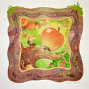 Risograph print of cartoon ants walking up a curving tree branch, one carries a large apple on its back and the others carry smaller pieces of apple. Scene is framed by an ant colony in dirt, delivering to its queen.