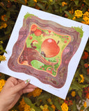 Risograph print of cartoon ants walking up a curving tree branch, one carries a large apple on its back and the others carry smaller pieces of apple. Scene is framed by an ant colony in dirt, delivering to its queen.