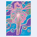 Painting on a holographic background of Sailor Moon, in a pink line art style with purple and blue light around her signaling a transformation.