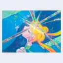 Painting on a holographic background of Sailor Moon, seen from the side with light shining out of her forehead.