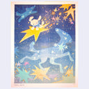 Risograph print of a fluffy white cartoon dog floating on a yellow star, which has a trail of many smaller stars behind it. The dog looks down at constellations in the night sky, resembling dogs.