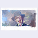 Painting of a film still from Raiders of the Lost Ark of a man in a hat, glasses and a suit yelling.