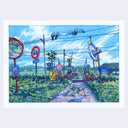 A colorful illustration depicting a Japanese railway crossing scene with signs, birds on wires, a dirt path, and grassy fields, presented on a light gray background.